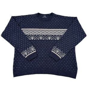 Vintage Izod Sweater Mens Medium Navy Blue Fair Isle Crewneck Pullover Lambswool
